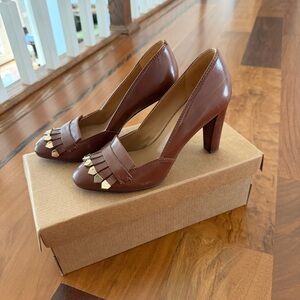 Nine West Brown Leather High Heel Pumps with Gold Stud Detail